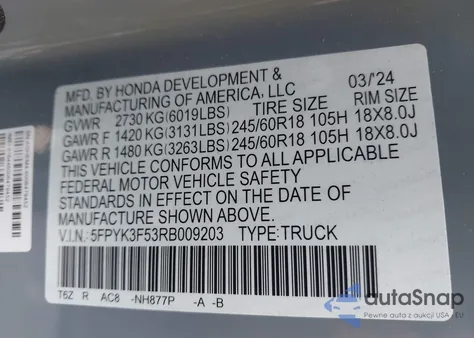 2024 Honda Ridgeline Rtl z USA, uszkodzony, nr VIN 5FPYK3F53RB009203